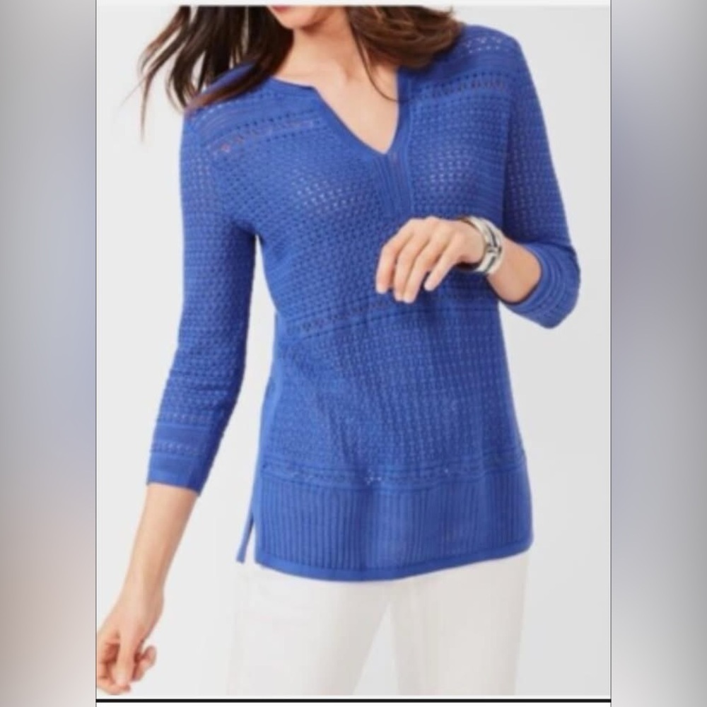 Talbots Blue Split Neck Open Stitch Tunic Sweater SZ M